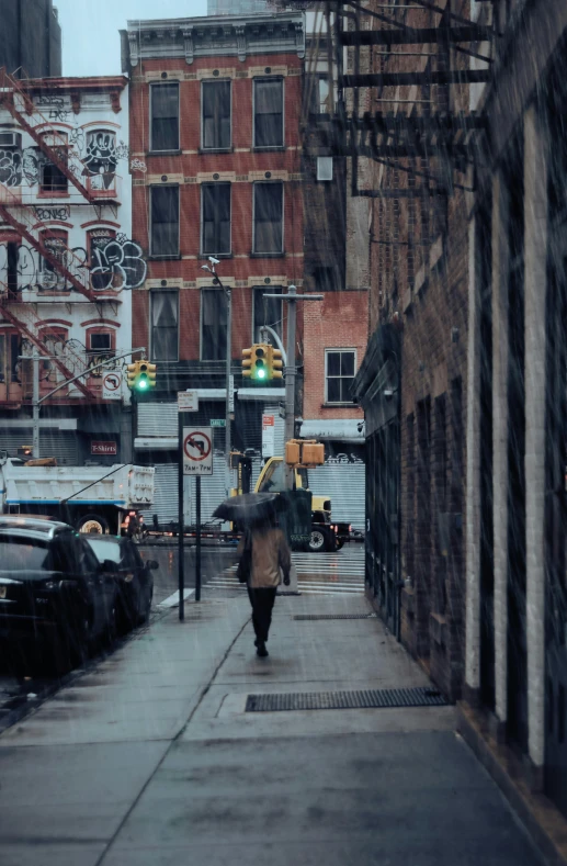a person with an umbrella walks down a city street
