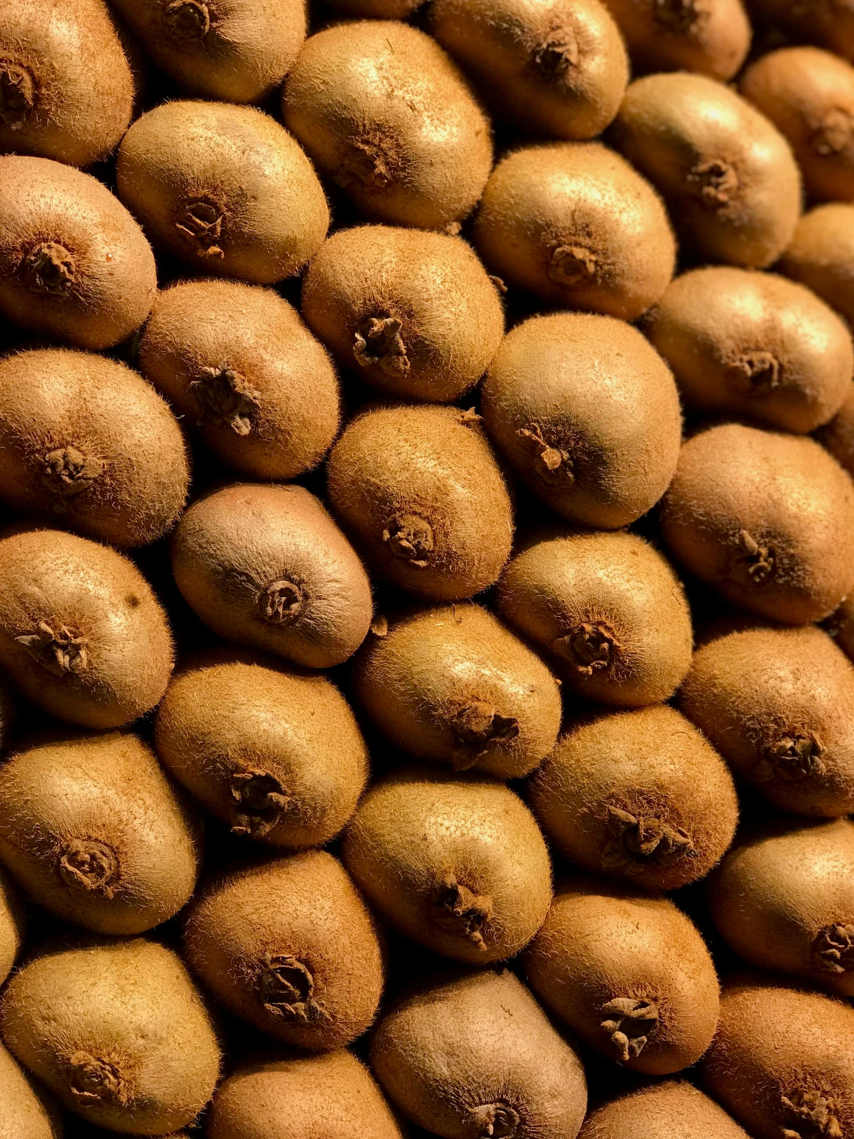 potatoes stacked up on top of each other with many different brown things around them