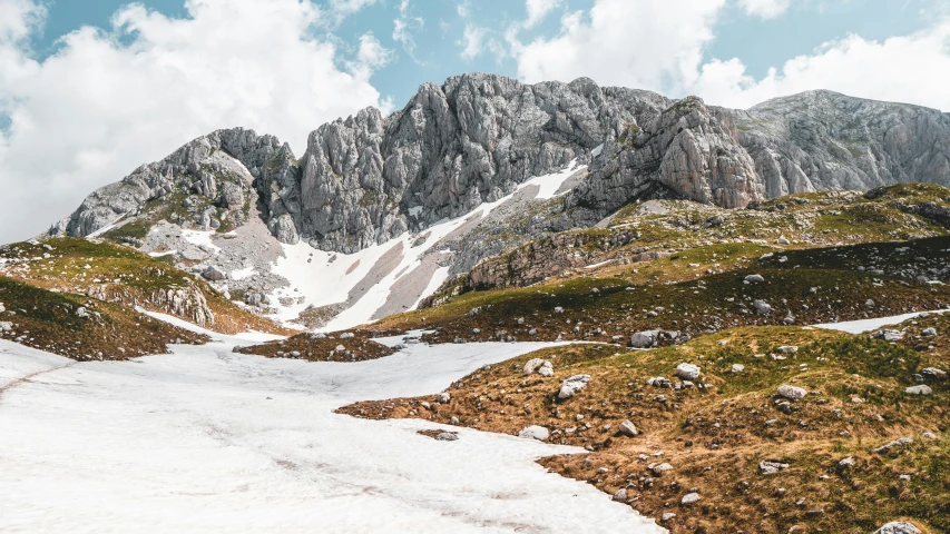 the landscape of a mountain range is covered in snow