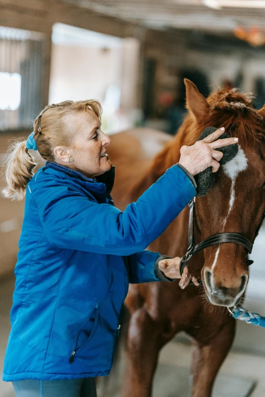 a woman is petting the head of a horse