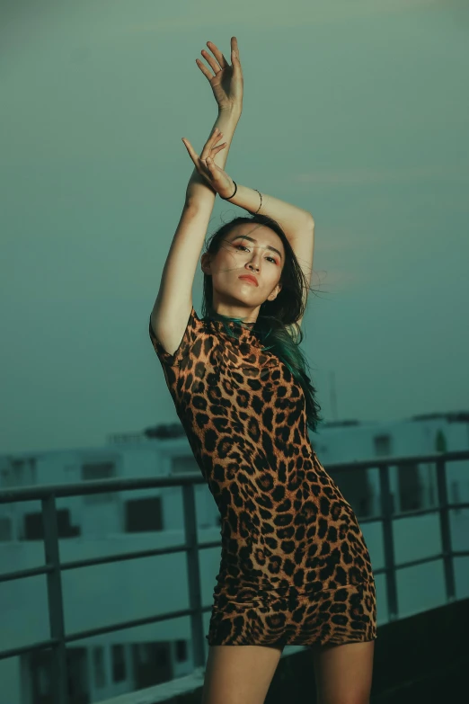 a woman wearing a dress standing in front of a sky background