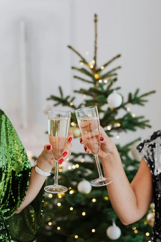 two women are toasting with wine glasses in front of a christmas tree