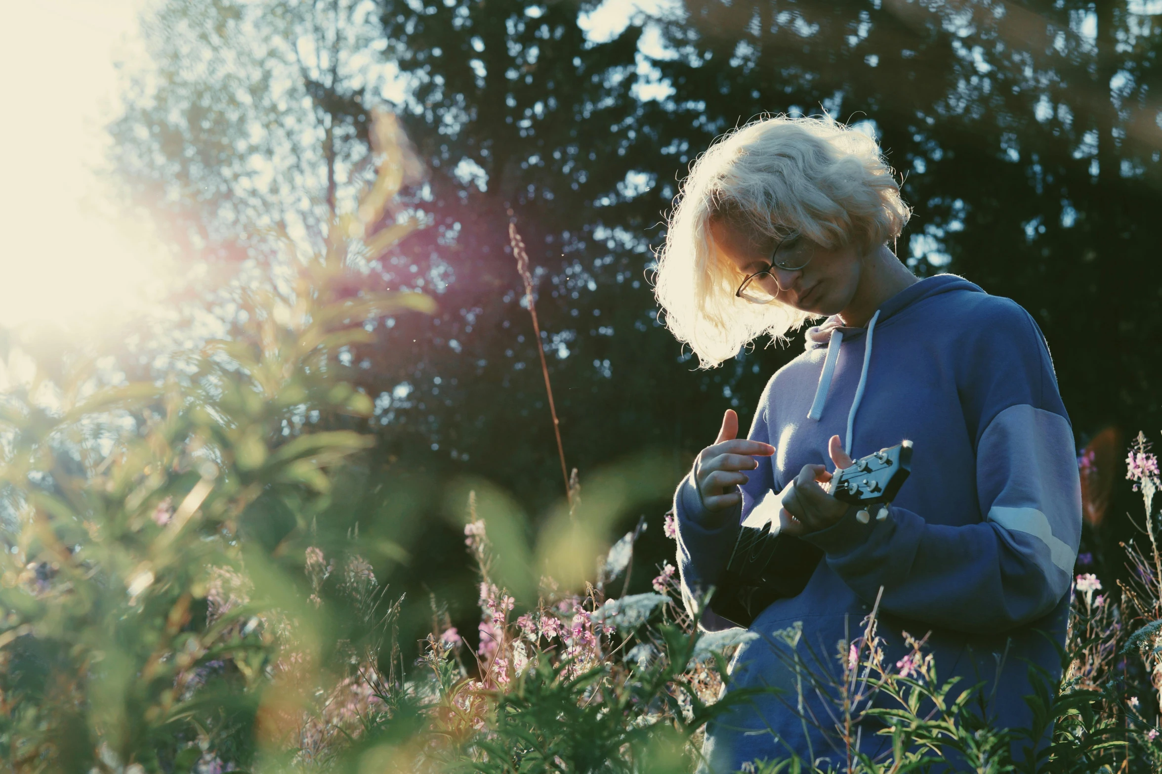 woman in blue dress picking flowers with small scissors