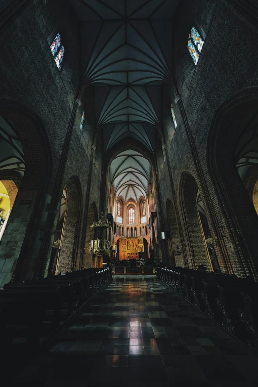 the vaulted ceiling of a cathedral with two large stained glass windows