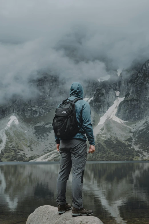 a man looking at the snow - capped mountains while standing on a rock