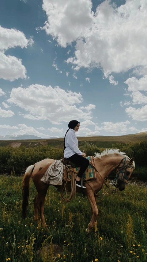 woman on horseback near grassy area under cloudy blue sky