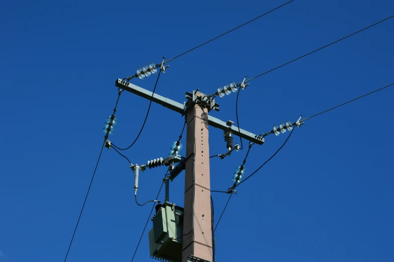 telephone wires and power lines with a clear blue sky in the background