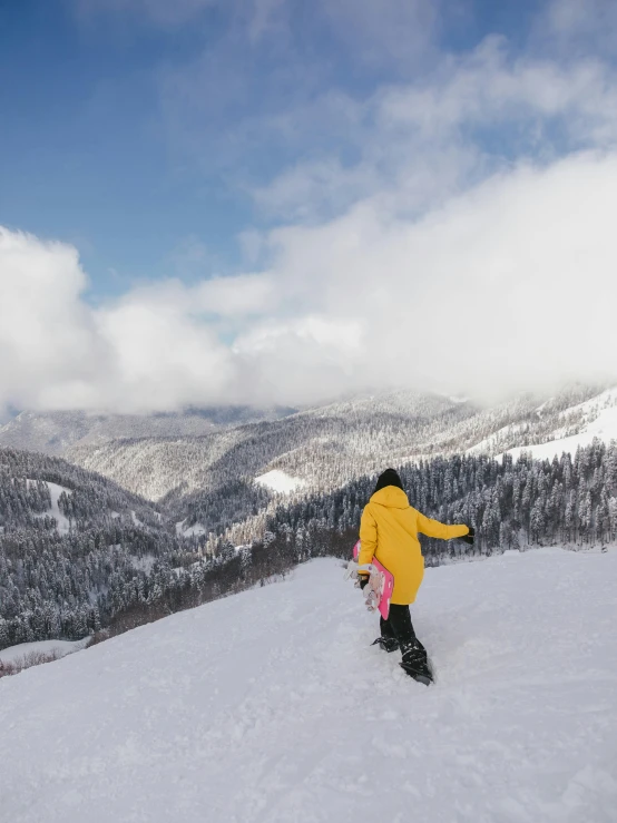 a person in a yellow coat on skis on top of a snowy mountain