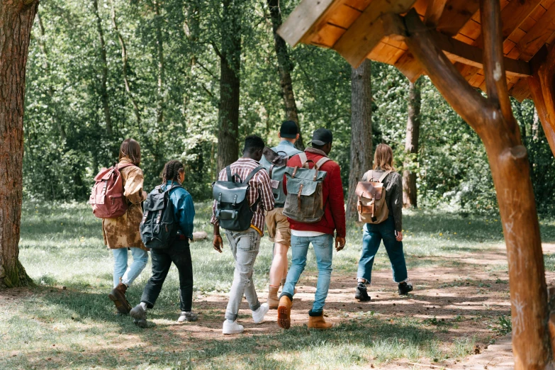 a group of people are walking under the shade of a tree