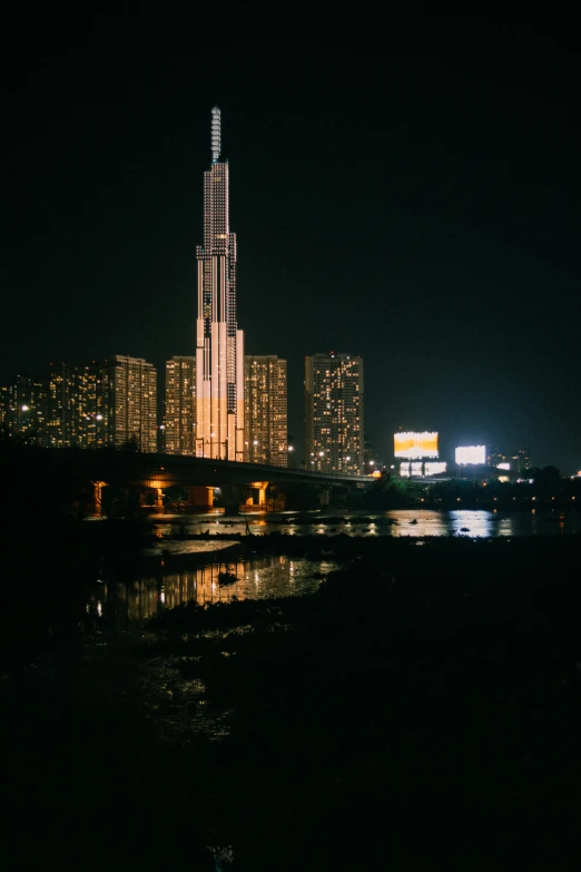 a city night scene with the illuminated skyscrs