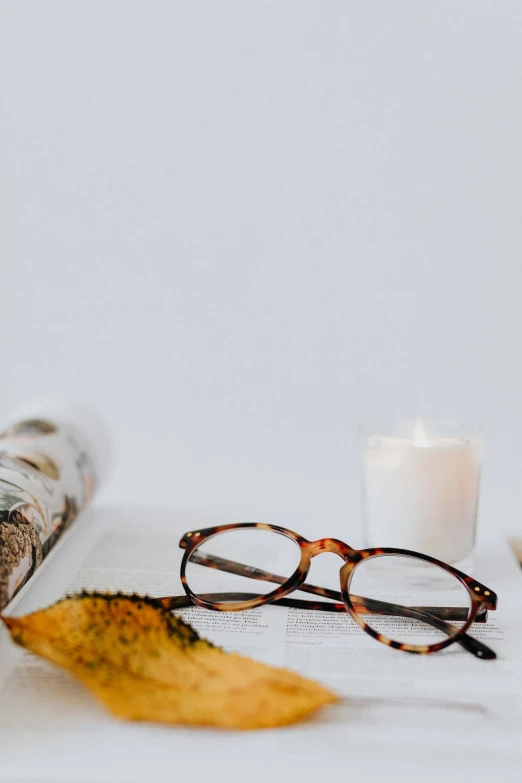 the glasses and fall leaves sit next to each other