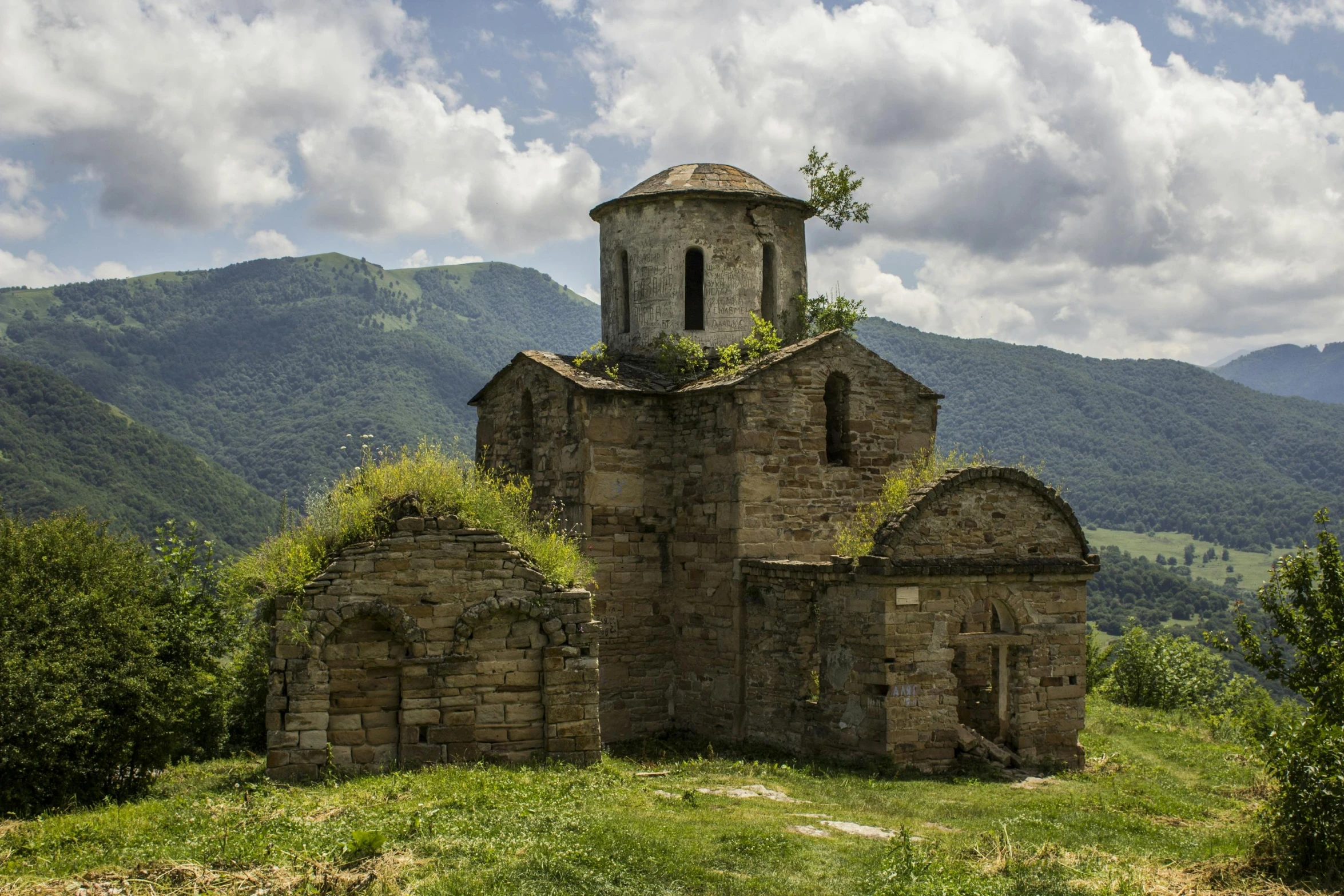 an old ruin with vines and green grass at the top of it