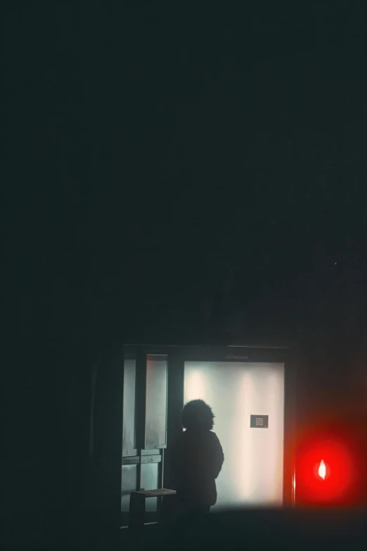 a person standing in a dark room next to a refrigerator
