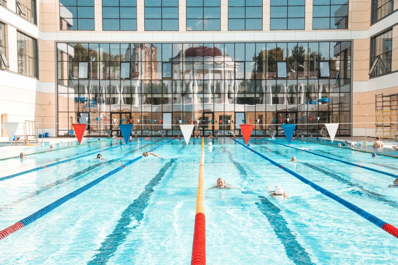 a pool with a lot of water near the side of a building