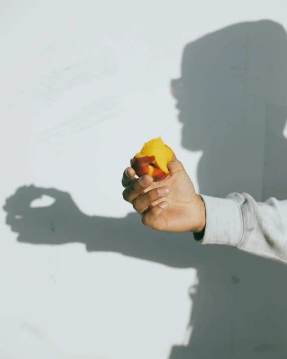 a person holding a piece of fruit in their hand