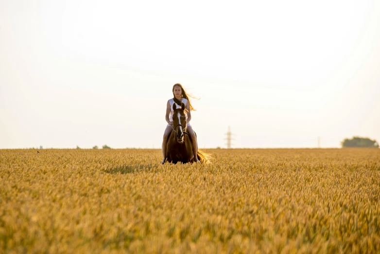 a woman rides a horse in the middle of a field