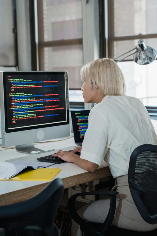 a woman sitting in front of a computer screen