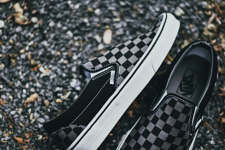 a person in black and white checkered vans