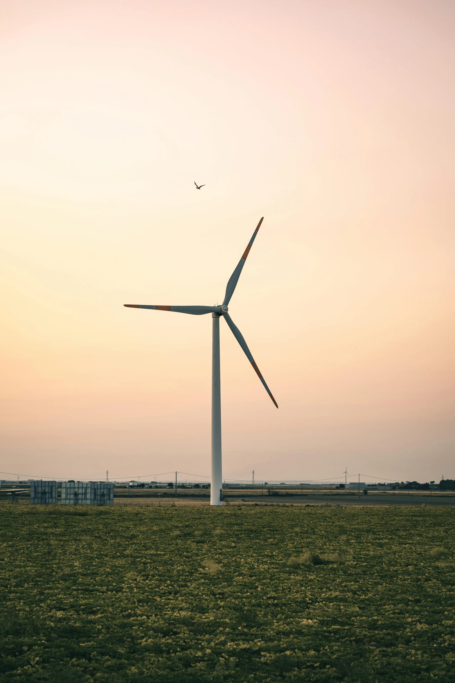 a wind turbine sits in a green field