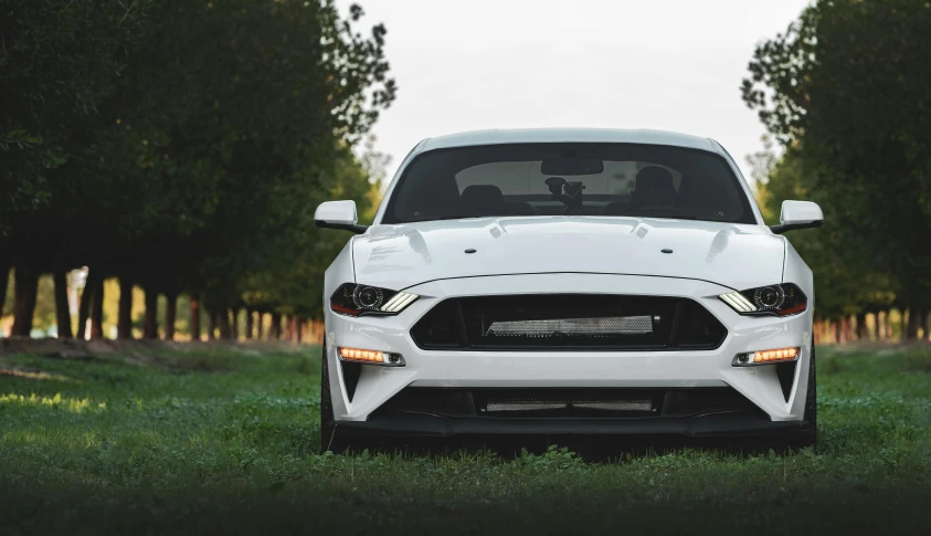 a white sports car is seen through the trees