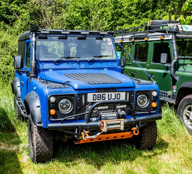 two vehicles in a field of green grass