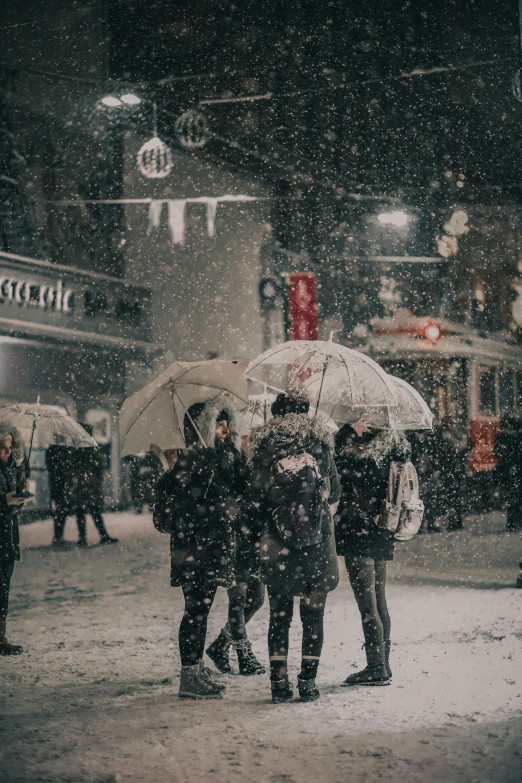 several people standing under umbrellas on a street in the snow