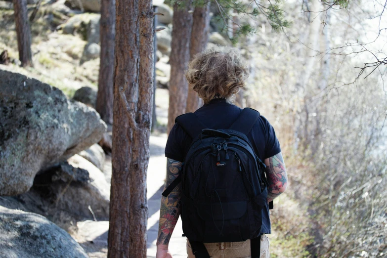 a man with his back to the camera walks down a path between several large rocks