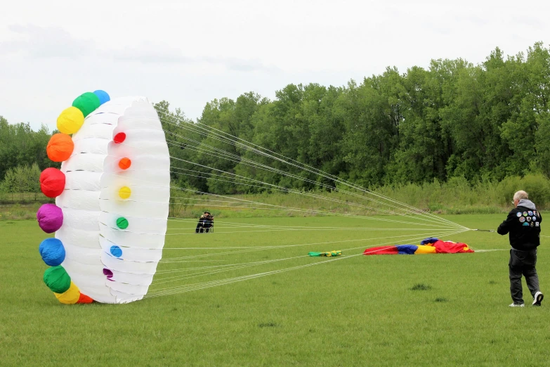 a man flies a huge kite in an open field