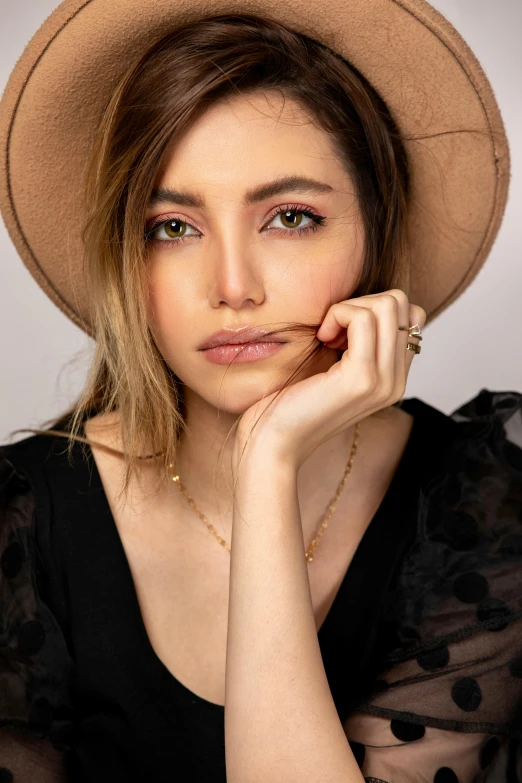 a woman with a hat posing for the camera