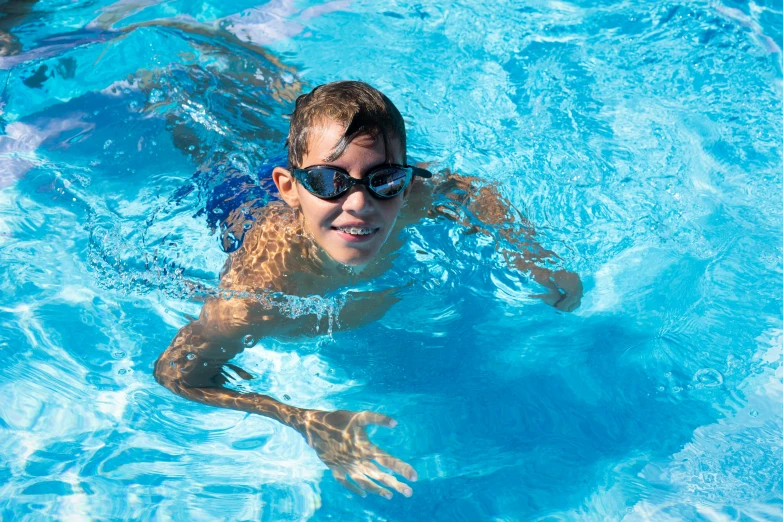 a man wearing sunglasses is swimming in a pool