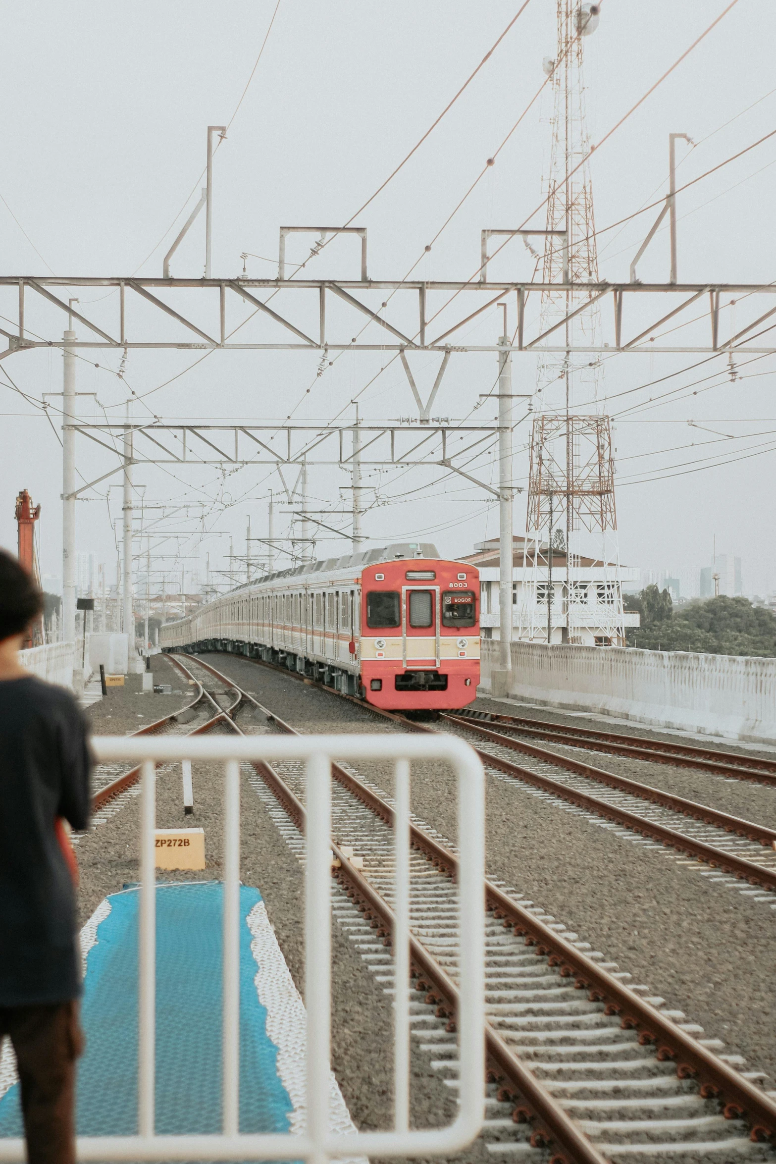 a person standing in front of a train on the tracks