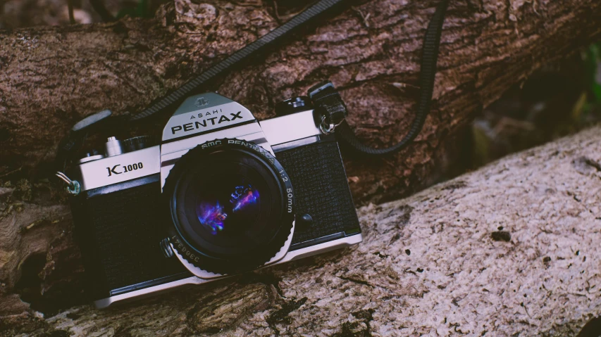 a picture of an old camera in a rock area