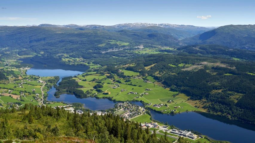 an aerial view of a green area with a lake in the middle