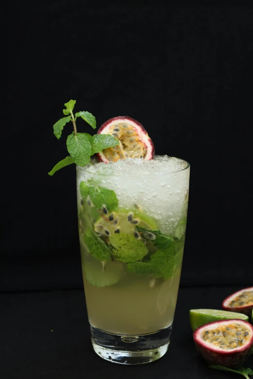 a green, white and black drink on the table