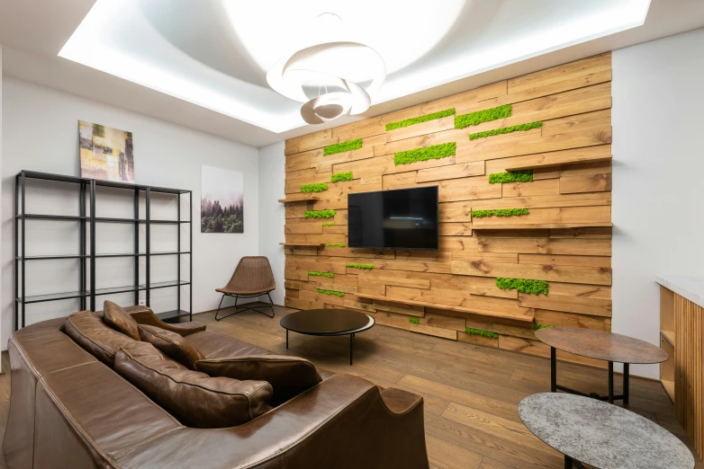 a room with a wooden wall in it