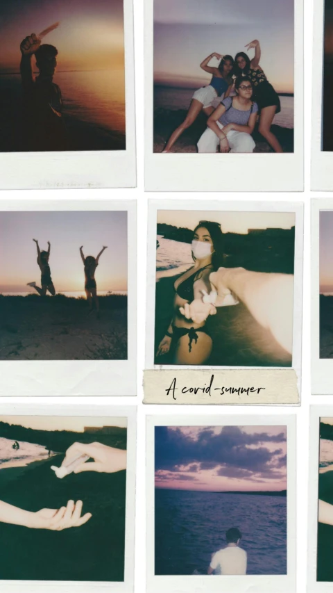 some different polaroid pictures of people on the beach