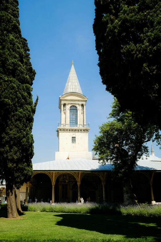 the white clock tower has been partially obscured by the trees