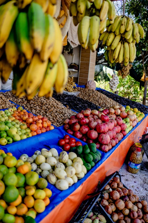 fruits and vegetables are on display at an open air market