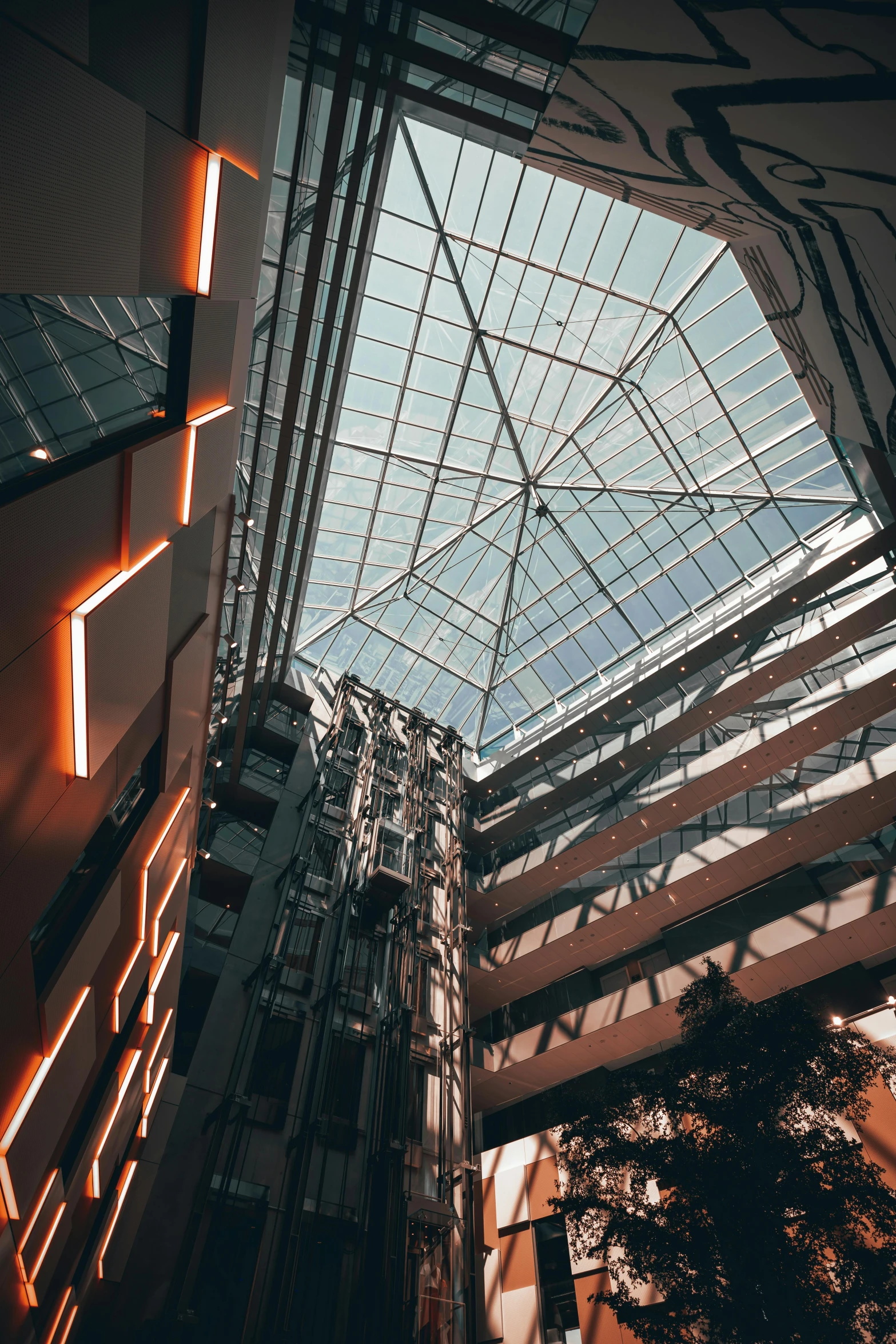 an interior view of a building with its windows and skylight