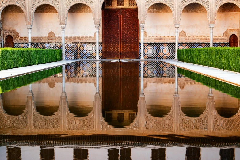 a water pool with a green lawn at the foot of the columns