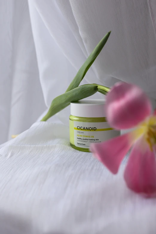 a pink flower sits beside a jar of vitamin - rich cream