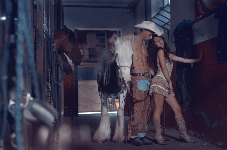 a man and woman stand with a horse inside of a barn