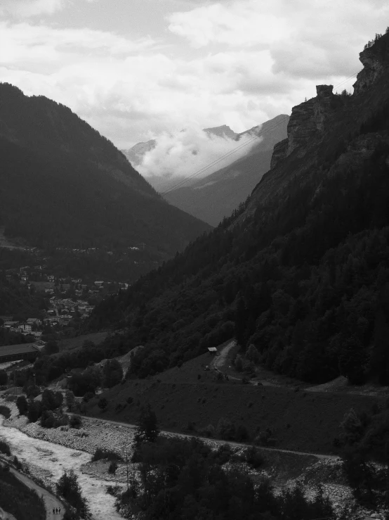 mountains with snow and some small stream going between them