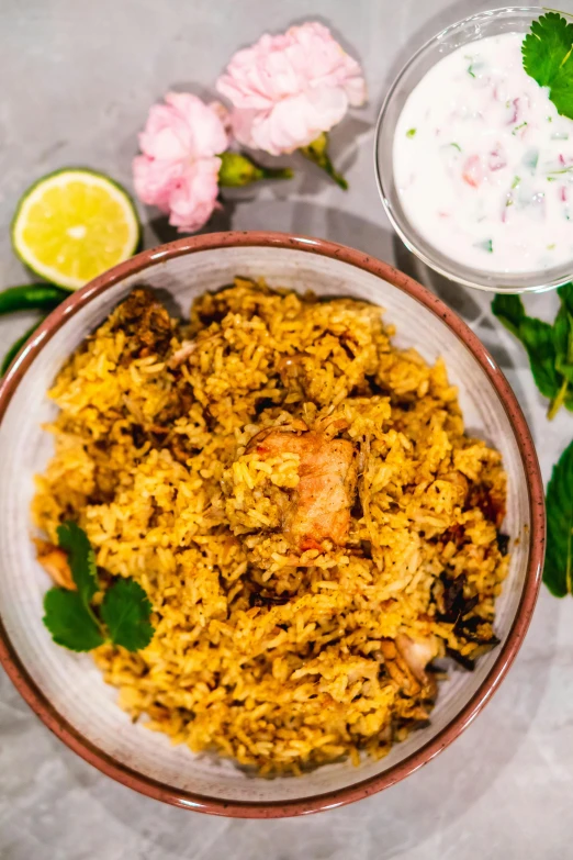 an overhead view of a large bowl of rice