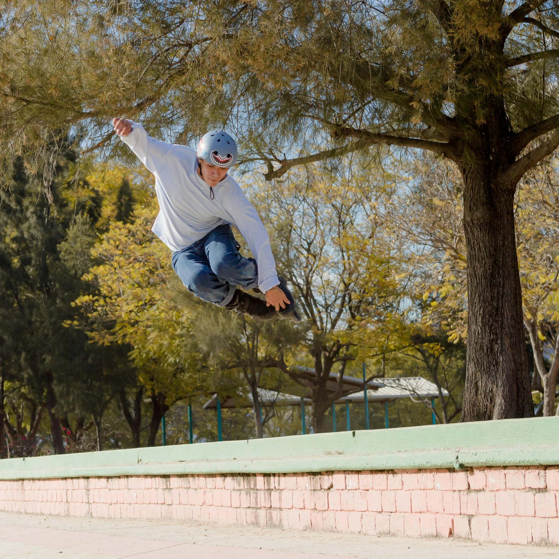 a skateboarder performs a trick on a brick wall