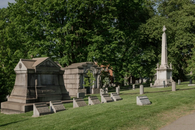 a green grassy cemetery in front of trees