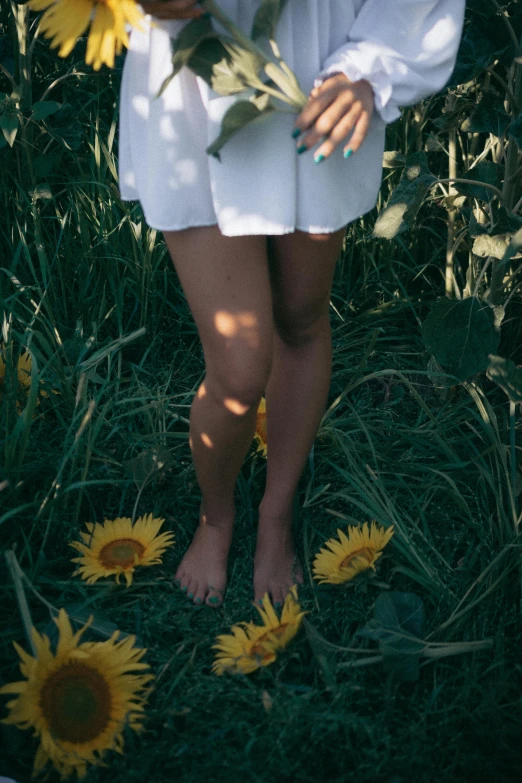 a  standing in the sunflowers holding onto a vase