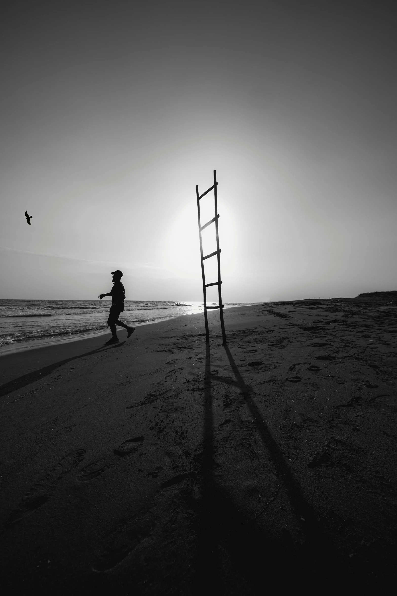 a ladder is placed in the sand near the ocean