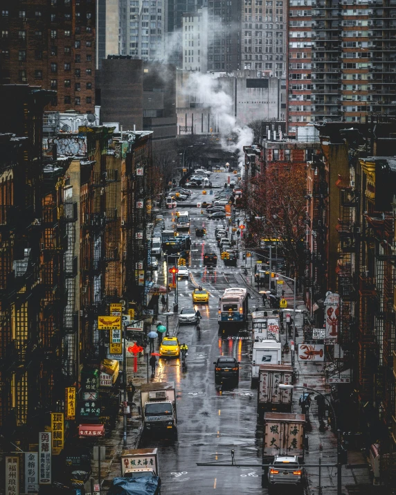 heavy traffic in the city on a rainy day