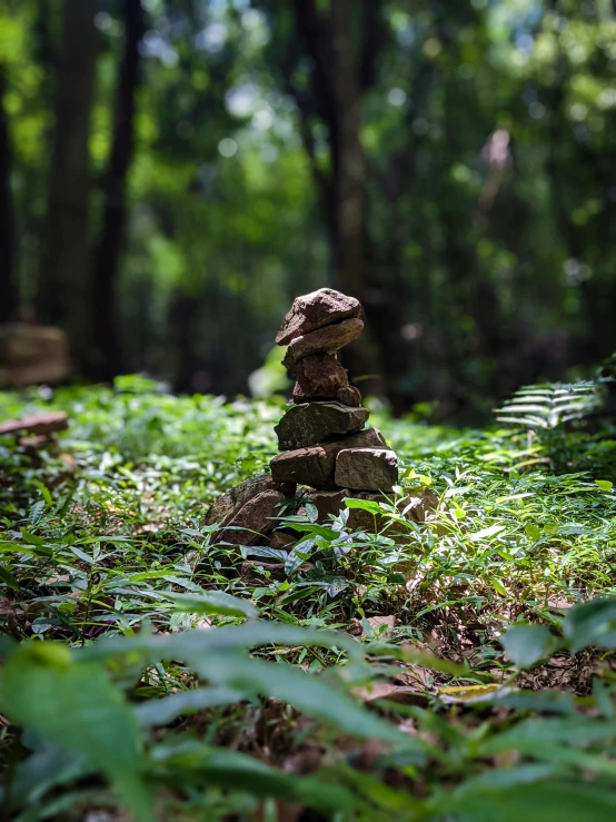 stacks of rocks sitting on top of a green grass covered field